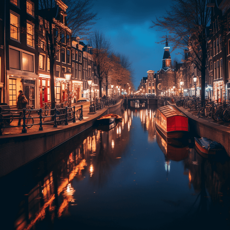 Amsterdam canals by night with a candid tourist in the shot